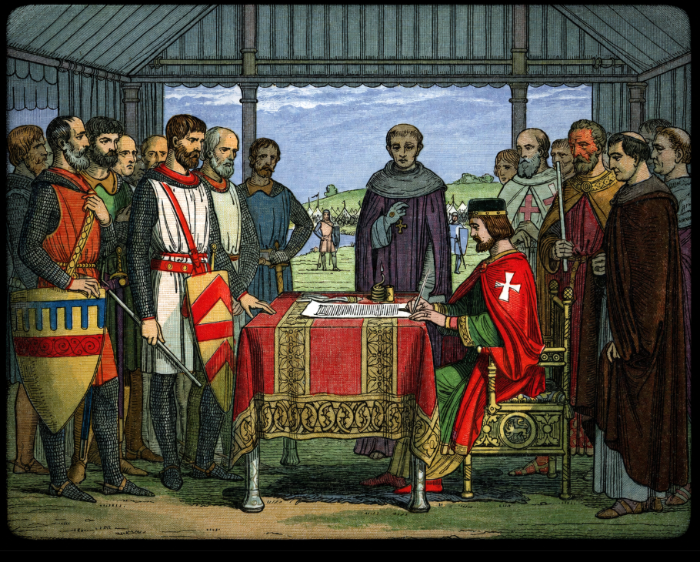 A vintage colored illustration depicting a historical scene with medieval knights and nobles gathered around a table, with one figure in red robes seated at the head and another in purple robes standing nearby.